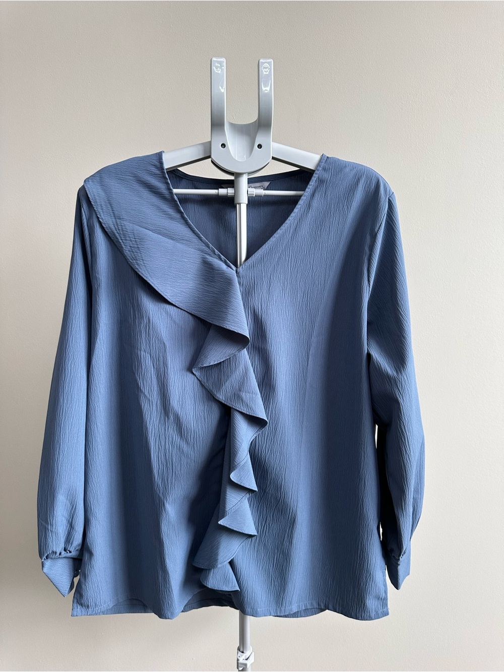 Ruffle Front V-Neck Blouse in Dusty Blue